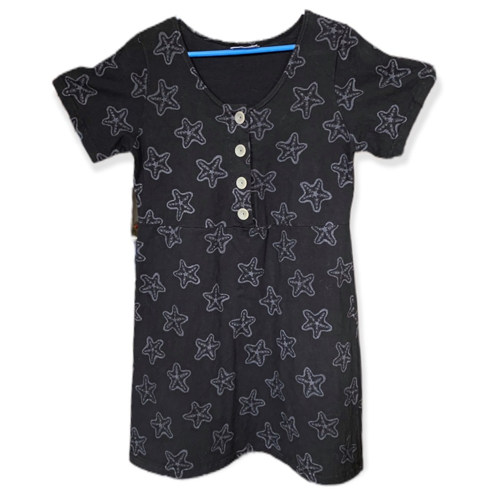 Retro Vintage fresh produce 100% Cotton Black Starfish Dress Buttons Size Small